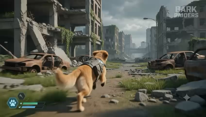 A tactical dog sprinting into a ruined city at the start of a raid