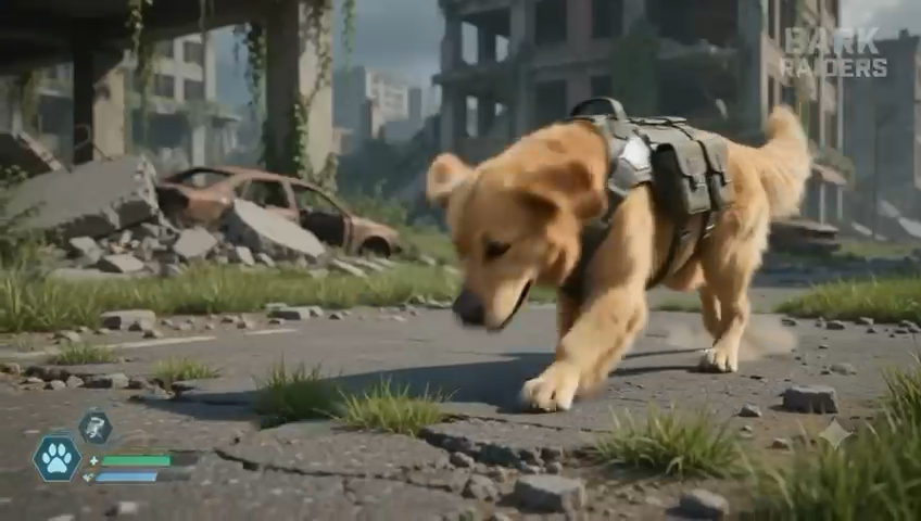 Close-up of a tactical war-dog moving through the rubble
