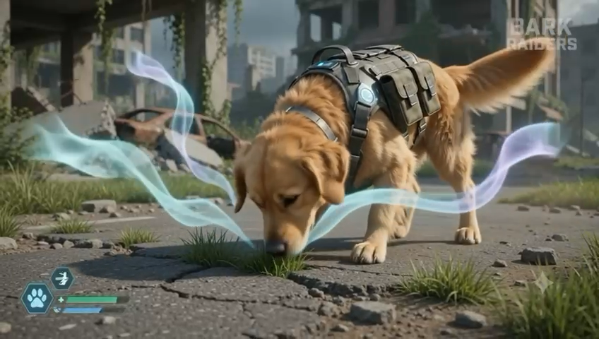 A dog sprinting past glowing tech effects in the ruins