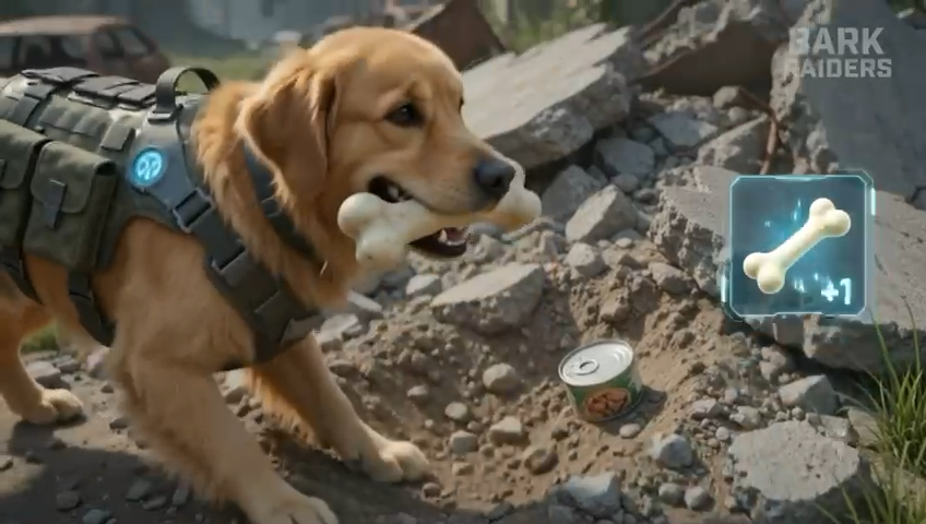 A tactical golden retriever digging up a glowing loot cache in the rubble