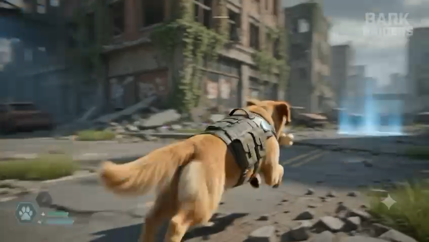 A dog charging through a destroyed street toward an objective