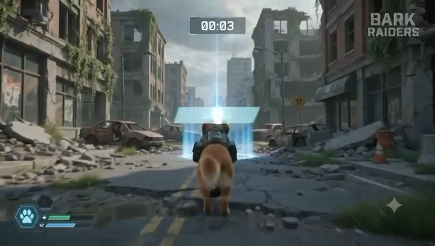 A dog approaches the extraction portal as the countdown ticks down
