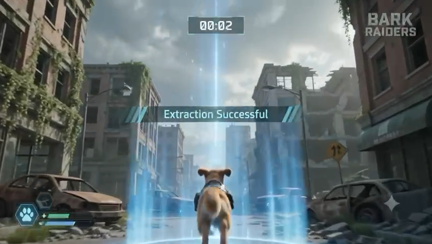 A dog leaping into a glowing blue extraction portal — extraction successful